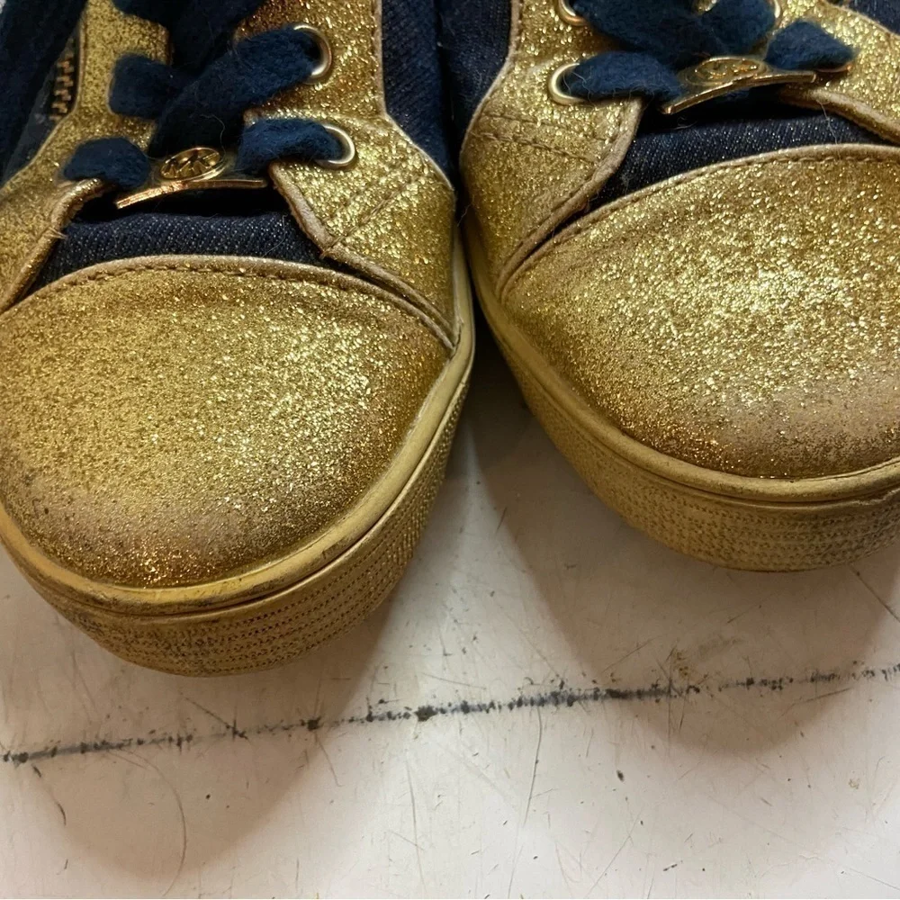 MICHAEL KORS MALAGA DENIM GOLD GLITTER FASHION SNEAKERS SHOES SIZE 4 LACE-UP GUC